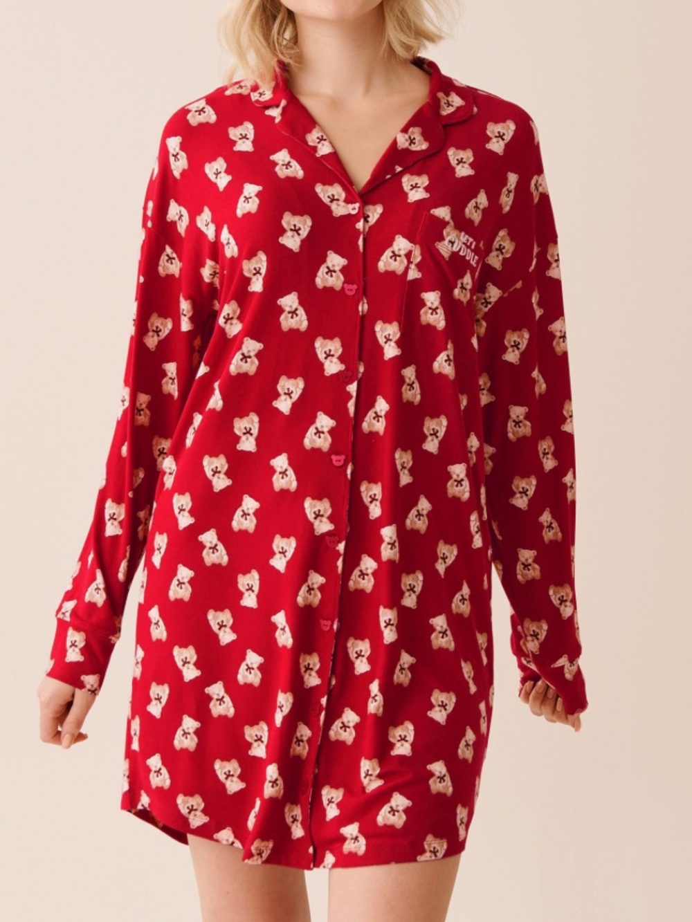 the la Vie en Rose Teddy Bear Print Super Soft Button-down NightGown